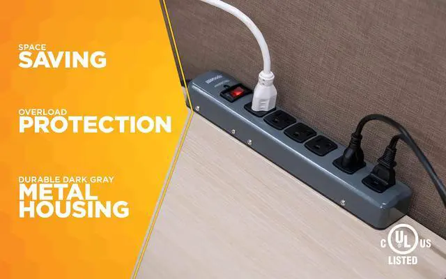 Alt view image 3 of 7 - Southwire Metal Surge Protector - 6 Outlets - Lighted Circuit Breaker Switch - 900J Electrical Overload Protection - 3 Foot Cord - Dark Gray