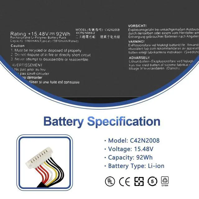 Alt view image 2 of 7 - C42N2008 92Wh Laptop Battery for ASUS ZenBook Pro Duo 15 OLED UX582 UX582L | UX582LR XS74T UX582LR-BP1979R UX582LR-H2002R UX582LR-H2002TS H2003R UX582LR-H2017T H2025R UX582LR-XS94T 15.48V