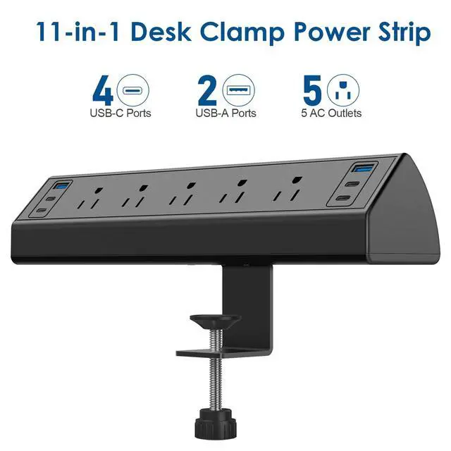 Alt view image 2 of 7 - Desk Clamp Power Strip USB C,Under Desk Mount Power Station,20W Fast Charging,Fits 1.9'' Tabletop Edge,Desk Surge Protector,Perfect Home,Office Supplies (Black, 5 Outlets & 6 USB Ports & 10 FT Cable)