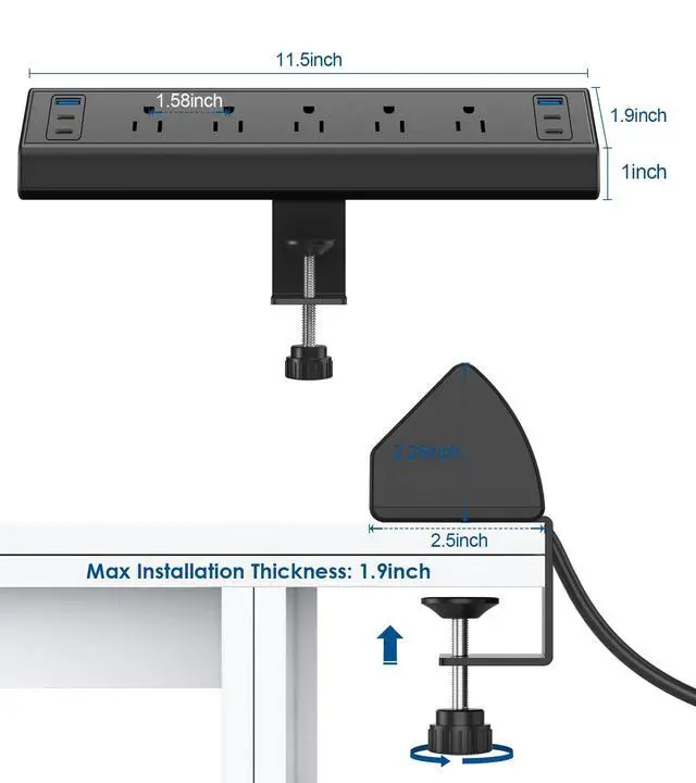 Alt view image 7 of 7 - Desk Clamp Power Strip USB C,Under Desk Mount Power Station,20W Fast Charging,Fits 1.9'' Tabletop Edge,Desk Surge Protector,Perfect Home,Office Supplies (Black, 5 Outlets & 6 USB Ports & 10 FT Cable)