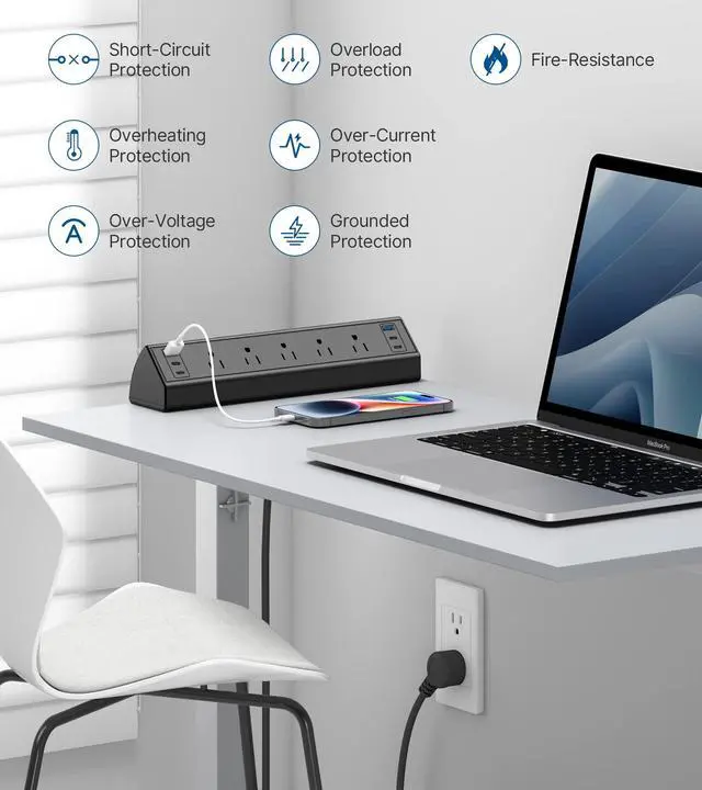 Alt view image 5 of 7 - Desk Clamp Power Strip USB C,Under Desk Mount Power Station,20W Fast Charging,Fits 1.9'' Tabletop Edge,Desk Surge Protector,Perfect Home,Office Supplies (Black, 5 Outlets & 6 USB Ports & 10 FT Cable)