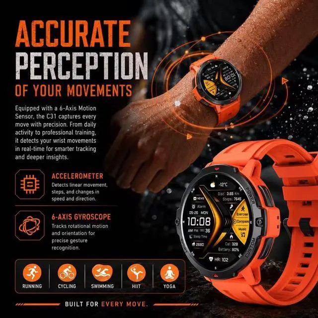Alt view image 3 of 6 - Outdoor GPS Smartwatch C31 Rugged 3 ATM Waterproof Design, 1.46 TFT Display, 6-Axis Motion Sensors, Built-in GPS Tracking, 580 mAh Long-Life Battery, Bluetooth 5 (Gray)