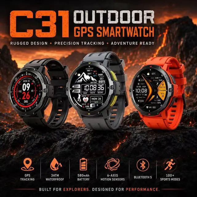 Alt view image 2 of 6 - Outdoor GPS Smartwatch C31 Rugged 3 ATM Waterproof Design, 1.46 TFT Display, 6-Axis Motion Sensors, Built-in GPS Tracking, 580 mAh Long-Life Battery, Bluetooth 5 (Gray)
