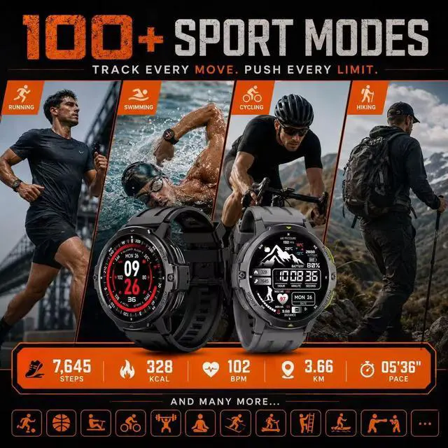 Alt view image 6 of 6 - Outdoor GPS Smartwatch C31 Rugged 3 ATM Waterproof Design, 1.46 TFT Display, 6-Axis Motion Sensors, Built-in GPS Tracking, 580 mAh Long-Life Battery, Bluetooth 5 (Gray)
