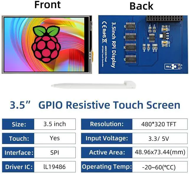 Alt view image 4 of 5 - 3.5 Inch Touch Screen, 480x320 TFT LCD SPI Display Panel for Raspberry Pi 5/4B/3B+/3B/2B/B+/B(No HDMI)
