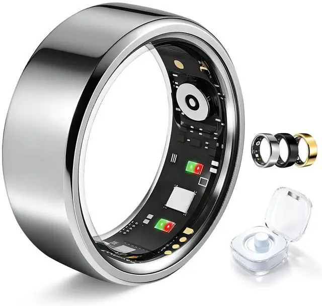 Main image of Smart Ring for Women Men Fitness Tracker Heart Rate Sleep Trends 128 Sports Modes Gesture Control Cycle Tracking IP68 Waterproof No Subscription Compatible with iPhone Android (Silver, Size 8)