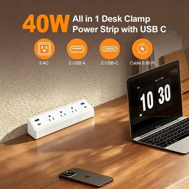Alt view image 2 of 6 - Clamp-Mount Desktop Power Strip with USB C 3 Outlets 40W Fast Charge ETL | Edge Mounted Desk Clamp Power Station 2 USB-A 2 USB-C Ports 6.56 FT Extension Cord Flat Plug for Home Office Dorm Gaming
