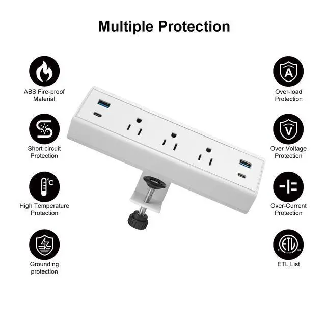 Alt view image 4 of 6 - Clamp-Mount Desktop Power Strip with USB C 3 Outlets 40W Fast Charge ETL | Edge Mounted Desk Clamp Power Station 2 USB-A 2 USB-C Ports 6.56 FT Extension Cord Flat Plug for Home Office Dorm Gaming