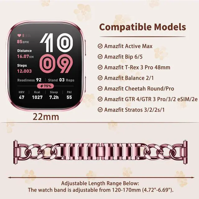 Alt view image 5 of 7 - 22mm Band for Amazfit Cheetah 2 Ultra, Women's Metal | Women's Metal Skeleton Chain Link Replacement Strap for Amazfit Balance Ultra/3/2/Active Max/Bip 6/5/GTR 4/3 Pro
