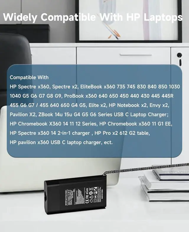 Alt view image 5 of 7 - New Slim 65W 45W USB C Laptop Charger Compatible with HP Chromebook X360, Envy X360, Spectre X360, Elitebook Elite x2, ProBook Type C Power Supply Cord