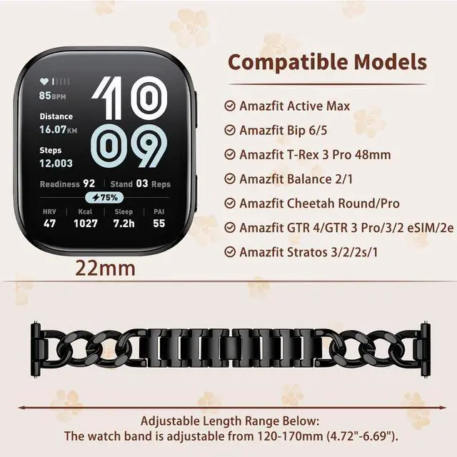 Alt view image 5 of 7 - 22mm Band for Amazfit Cheetah 2 Ultra, Women's Metal | Women's Metal Skeleton Chain Link Replacement Strap for Amazfit Balance Ultra/3/2/Active Max/Bip 6/5/GTR 4/3 Pro