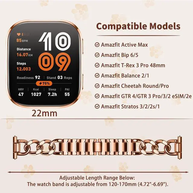 Alt view image 5 of 7 - 22mm Band for Amazfit Cheetah 2 Ultra, Women's Metal | Women's Metal Skeleton Chain Link Replacement Strap for Amazfit Balance Ultra/3/2/Active Max/Bip 6/5/GTR 4/3 Pro