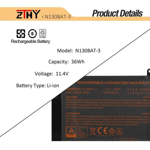 Alt view image 3 of 7 - N130BAT-3 Laptop Battery Replacement for Clevo B1301 B1504 N130BU N130WU | N131BU N141ZU N151ZU Sager NP3132 NP3145 NP3156 Tuxedo InfinityBook Pro 13 V2 14 V3 Galago pro 2 3 Schenker Slim 13 14 15