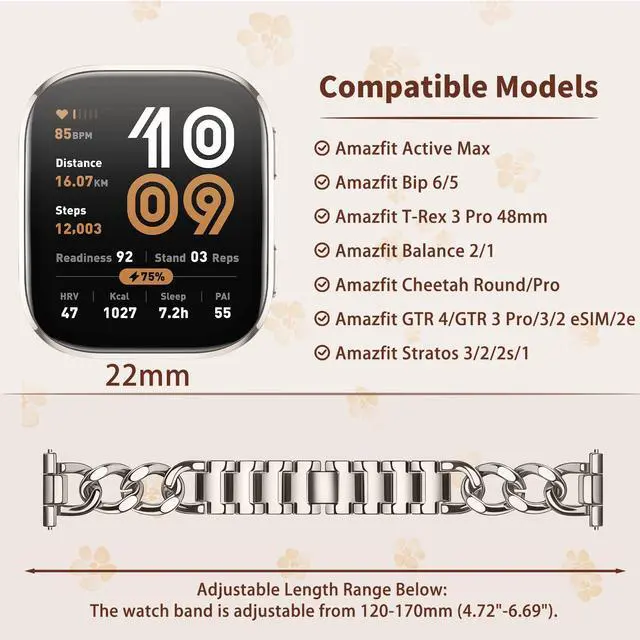 Alt view image 5 of 7 - 22mm Band for Amazfit Cheetah 2 Ultra, Women's Metal | Women's Metal Skeleton Chain Link Replacement Strap for Amazfit Balance Ultra/3/2/Active Max/Bip 6/5/GTR 4/3 Pro