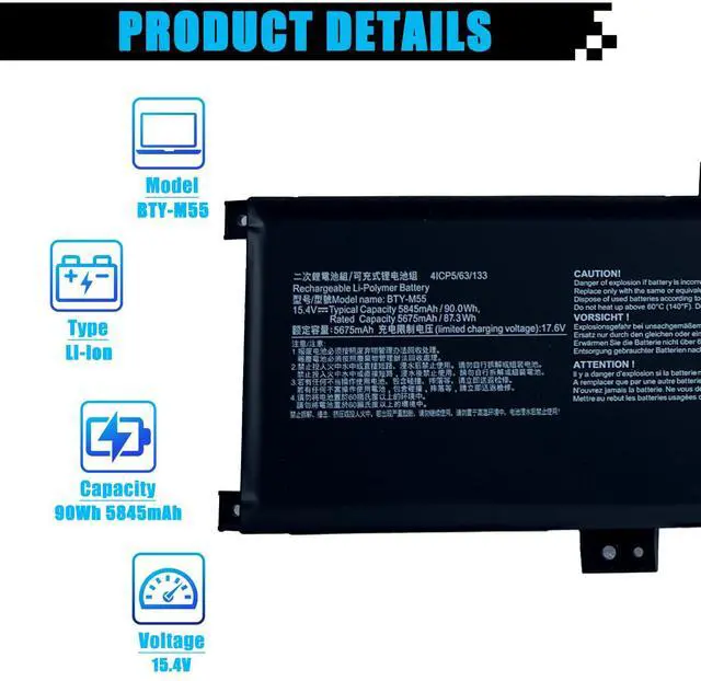 Alt view image 2 of 7 - BTY-M55 Battery Replacement for MSI Alpha 15 17 B5EEK B5EX A3DDK A4DEK Pulse 15 B13VFK B13VGK Katana GF66 11UG Pulse GL66 GL76 12UGK 12UGSZOK 12UGSZK 12UGOK Crosshair 15 17 B12UGZ B12UGZO B12UGSZ
