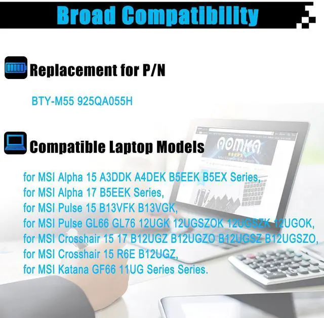 Alt view image 3 of 7 - BTY-M55 Battery Replacement for MSI Alpha 15 17 B5EEK B5EX A3DDK A4DEK Pulse 15 B13VFK B13VGK Katana GF66 11UG Pulse GL66 GL76 12UGK 12UGSZOK 12UGSZK 12UGOK Crosshair 15 17 B12UGZ B12UGZO B12UGSZ