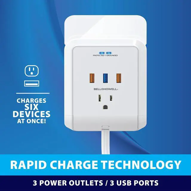 Alt view image 5 of 6 - Power Pro Outlet Extender with 45 Cord Easy-Install Power Strip Electric Surge Protector, USB Wall Charger, 3 Power Outlets, Docking Station, White, As Seen On TV