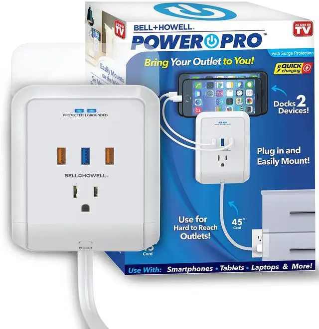 Main image of Power Pro Outlet Extender with 45 Cord Easy-Install Power Strip Electric Surge Protector, USB Wall Charger, 3 Power Outlets, Docking Station, White, As Seen On TV