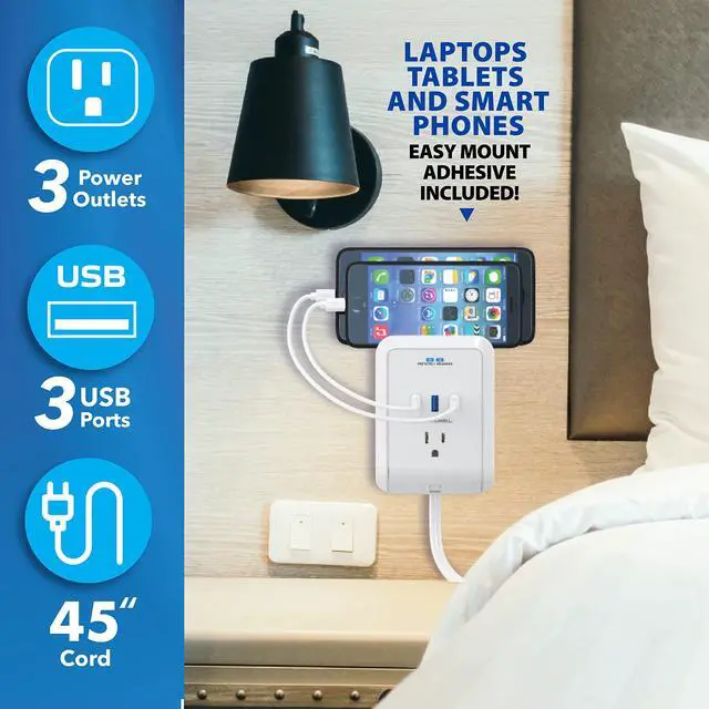 Alt view image 4 of 6 - Power Pro Outlet Extender with 45 Cord Easy-Install Power Strip Electric Surge Protector, USB Wall Charger, 3 Power Outlets, Docking Station, White, As Seen On TV
