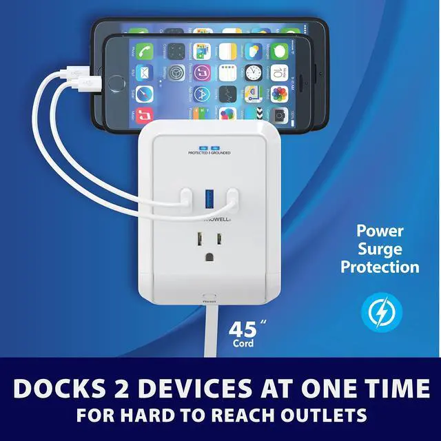 Alt view image 6 of 6 - Power Pro Outlet Extender with 45 Cord Easy-Install Power Strip Electric Surge Protector, USB Wall Charger, 3 Power Outlets, Docking Station, White, As Seen On TV