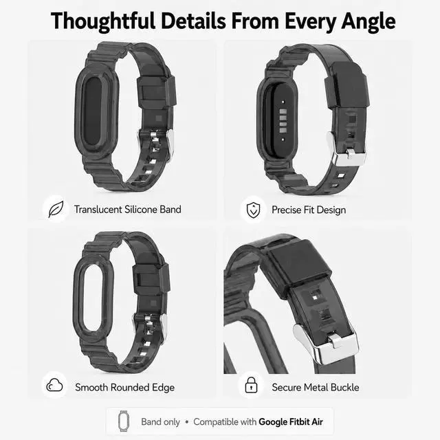 Alt view image 4 of 7 - Silicone Band Compatible with Google Fitbit Air, Replacement Sport Strap, Soft Translucent Watch Band with Secure Metal Buckle, Adjustable Lightweight Wristband for Men Women, Band Only