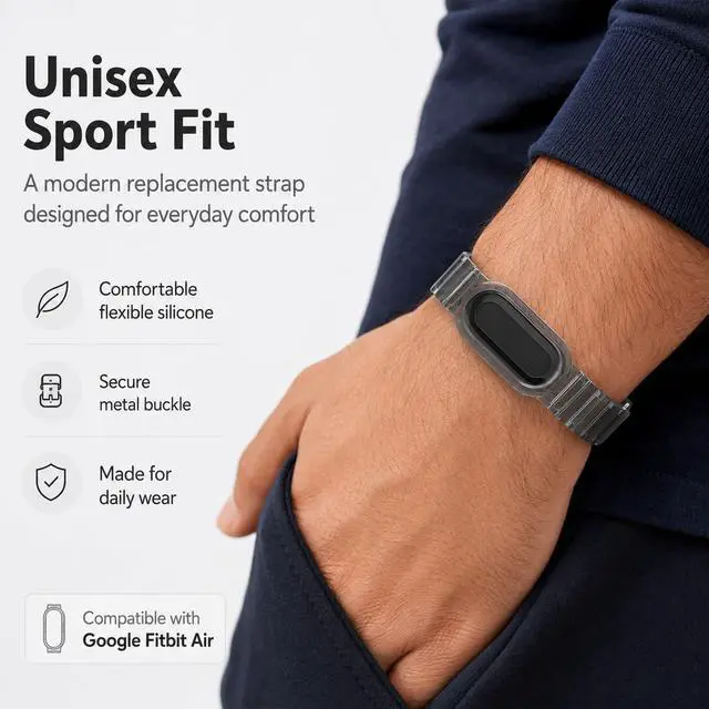 Alt view image 7 of 7 - Silicone Band Compatible with Google Fitbit Air, Replacement Sport Strap, Soft Translucent Watch Band with Secure Metal Buckle, Adjustable Lightweight Wristband for Men Women, Band Only