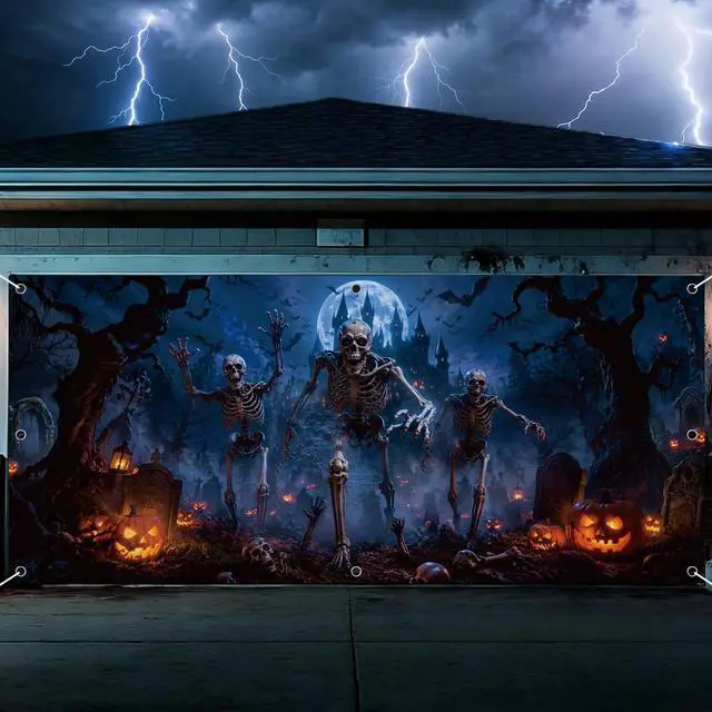Main image of Dark Skeleton Halloween Garage Door Cover 7x16 FT Decorations | Spooky Garage Door Banner, Rope and Grommet Easy Mount, High Quality, Bone Yard Theme, Halloween Decor
