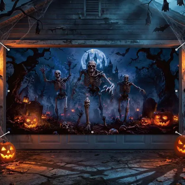 Alt view image 3 of 6 - Dark Skeleton Halloween Garage Door Cover 7x16 FT Decorations | Spooky Garage Door Banner, Rope and Grommet Easy Mount, High Quality, Bone Yard Theme, Halloween Decor