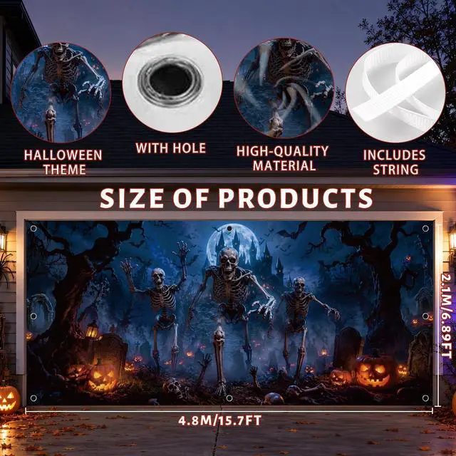 Alt view image 2 of 6 - Dark Skeleton Halloween Garage Door Cover 7x16 FT Decorations | Spooky Garage Door Banner, Rope and Grommet Easy Mount, High Quality, Bone Yard Theme, Halloween Decor