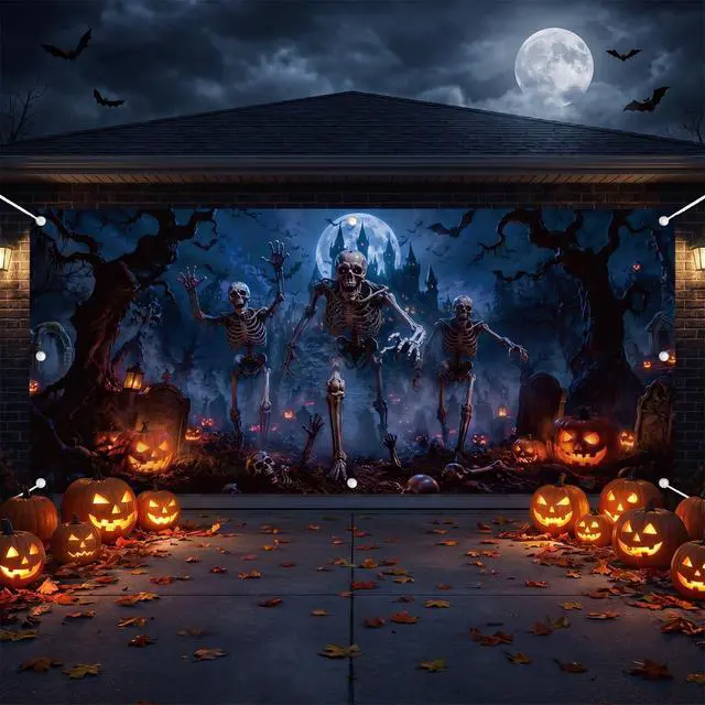 Alt view image 5 of 6 - Dark Skeleton Halloween Garage Door Cover 7x16 FT Decorations | Spooky Garage Door Banner, Rope and Grommet Easy Mount, High Quality, Bone Yard Theme, Halloween Decor