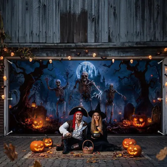 Alt view image 6 of 6 - Dark Skeleton Halloween Garage Door Cover 7x16 FT Decorations | Spooky Garage Door Banner, Rope and Grommet Easy Mount, High Quality, Bone Yard Theme, Halloween Decor