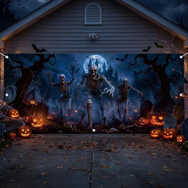 Alt view image 4 of 6 - Dark Skeleton Halloween Garage Door Cover 7x16 FT Decorations | Spooky Garage Door Banner, Rope and Grommet Easy Mount, High Quality, Bone Yard Theme, Halloween Decor