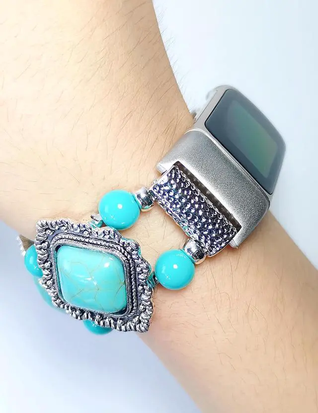 Alt view image 6 of 7 - Compatible with Fitbit Charge 5/6 Band Agate Natural Gemstone Beads Western Bracelet for Women Energy Healing Crystal Chakra Western Boho Style Fixed Size Strap, Turquoise