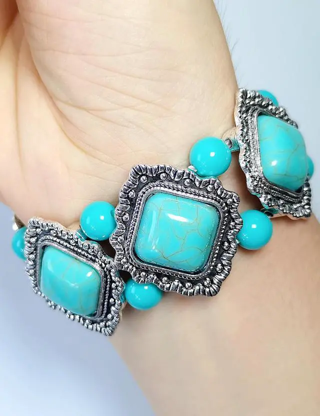 Alt view image 5 of 7 - Compatible with Fitbit Charge 5/6 Band Agate Natural Gemstone Beads Western Bracelet for Women Energy Healing Crystal Chakra Western Boho Style Fixed Size Strap, Turquoise