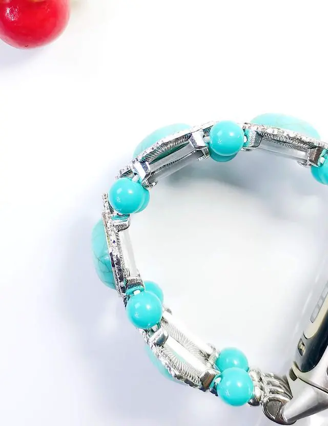 Alt view image 4 of 7 - Compatible with Fitbit Charge 5/6 Band Agate Natural Gemstone Beads Western Bracelet for Women Energy Healing Crystal Chakra Western Boho Style Fixed Size Strap, Turquoise