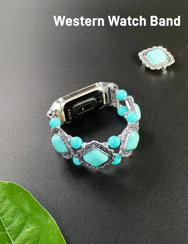 Alt view image 3 of 7 - Compatible with Fitbit Charge 5/6 Band Agate Natural Gemstone Beads Western Bracelet for Women Energy Healing Crystal Chakra Western Boho Style Fixed Size Strap, Turquoise