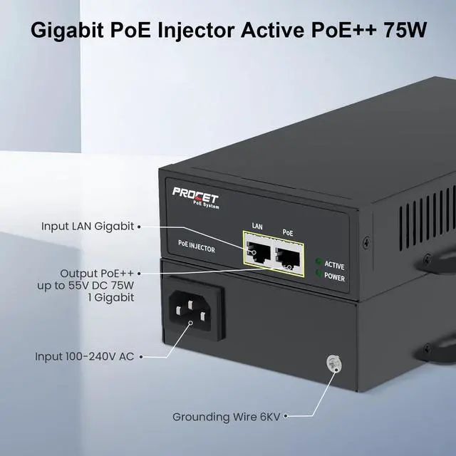 Alt view image 2 of 6 - PROCET PoE Iniector 75W Active PoE++ Gigabit, 6KV Surge Protection, -40°F to 149°F for Duhua/Axis PTZ Camera, Sisco/Ubiquiti AirFiber mmWave Bridge/Wireless Access Point, Smart Factory, Small Cell