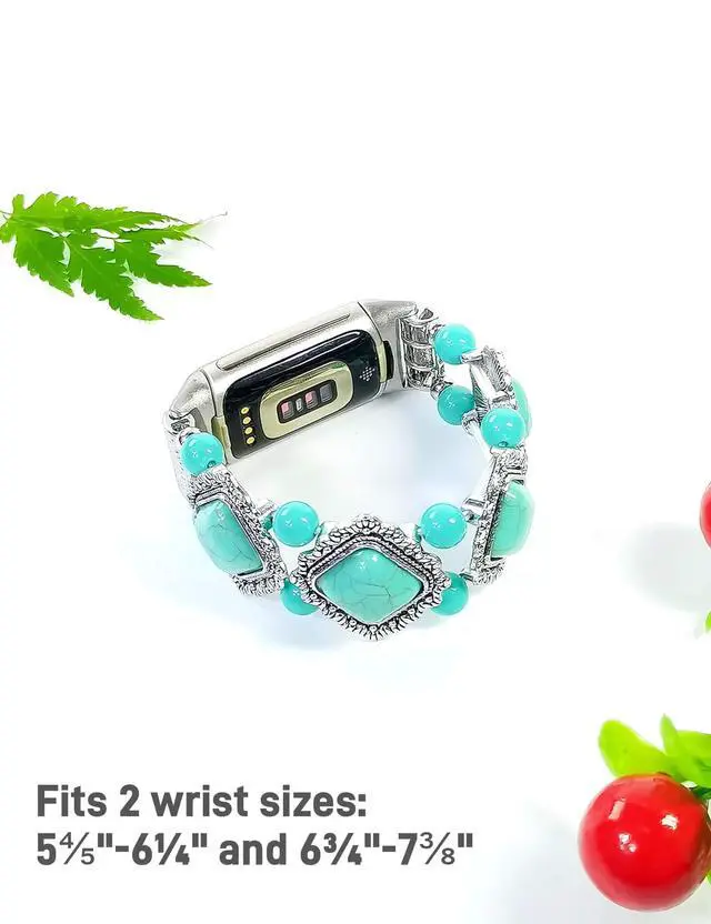Alt view image 2 of 7 - Compatible with Fitbit Charge 5/6 Band Agate Natural Gemstone Beads Western Bracelet for Women Energy Healing Crystal Chakra Western Boho Style Fixed Size Strap, Turquoise