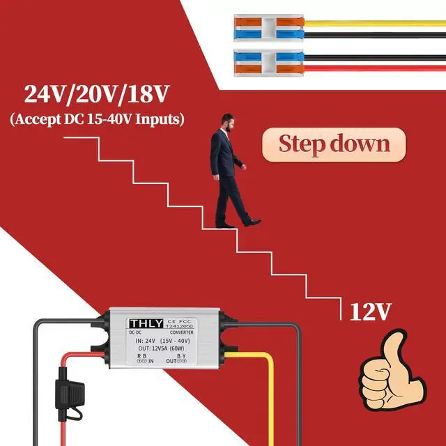 Alt view image 2 of 6 - 24V to 12V Converter with Wire Terminal Block, More Safe DC 18V to 12V Step Down Converter 5A 60W, for Golf Cart Light Truck Vehicle Boat (Accept DC 15-40V Inputs)