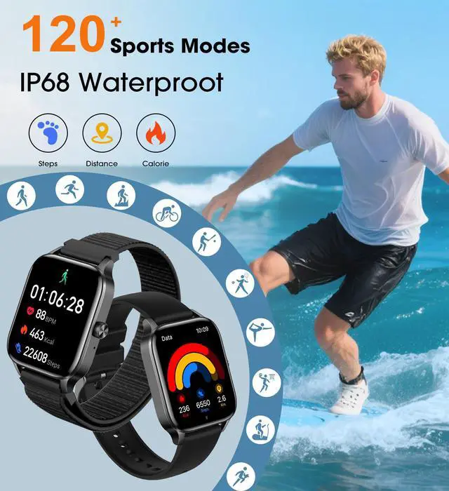 Alt view image 5 of 6 - Men Smart Watch(Answer/Make Calls),1.85" HD Screen,24hrs Heart Rate/Sleep Monitor,Fitness Tracker with 120+ Sports Modes,IP68 Waterproof,AI Voice/DIY Face Watch for iPhone/Android2 Bands