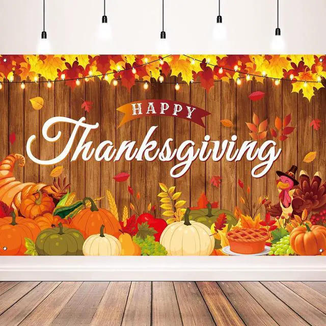 Main image of Happy Thanksgiving Maple Leaves Wooden Turkey Pumpkin Themed Banner for Party Decorations, 71x43 Inches