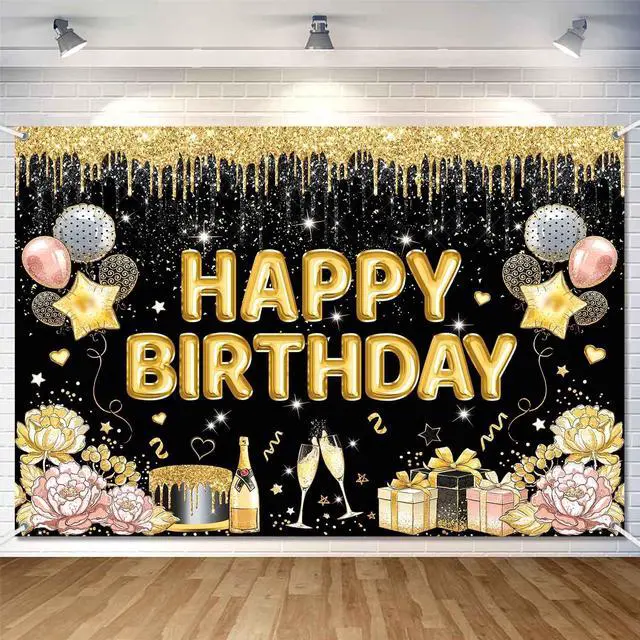 Main image of Black Gold Happy Birthday Banner Backdrop Black Golden Birthday Party Decorations Supplies for Women Large Balloons Sign Photography Background Wall Decor Photo Props 7x5ft