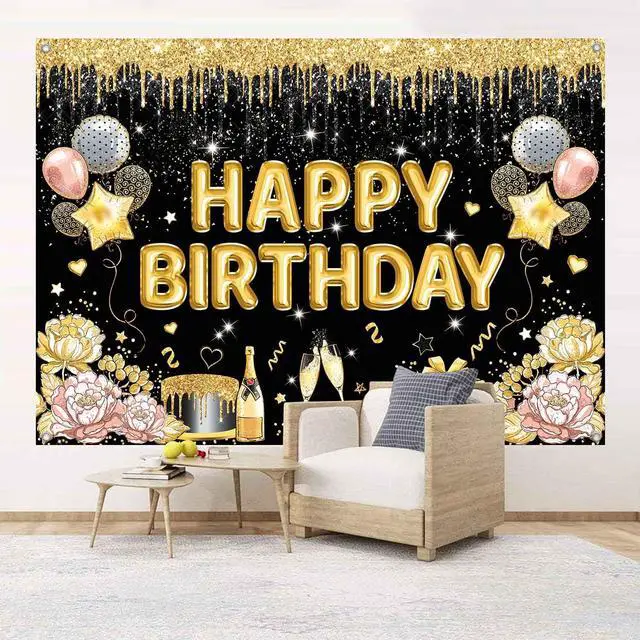Alt view image 2 of 7 - Black Gold Happy Birthday Banner Backdrop Black Golden Birthday Party Decorations Supplies for Women Large Balloons Sign Photography Background Wall Decor Photo Props 7x5ft