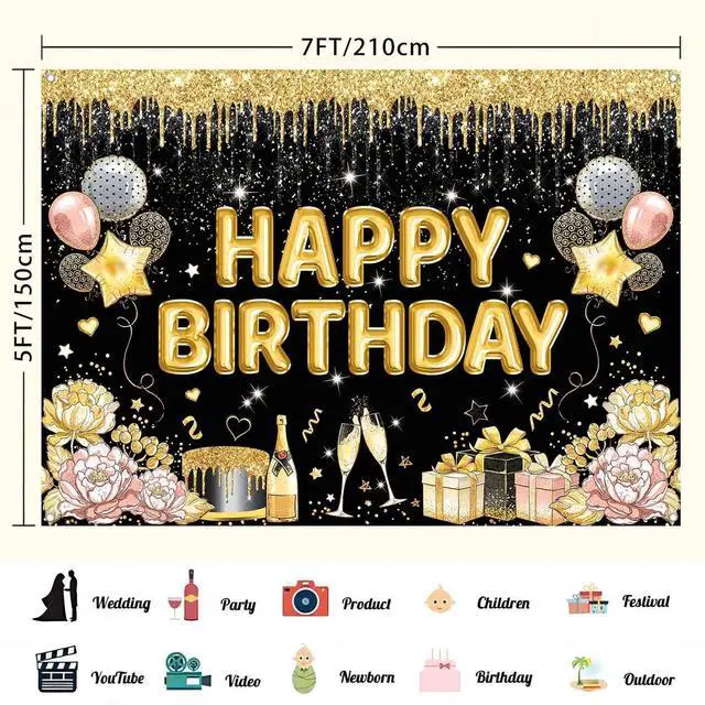 Alt view image 3 of 7 - Black Gold Happy Birthday Banner Backdrop Black Golden Birthday Party Decorations Supplies for Women Large Balloons Sign Photography Background Wall Decor Photo Props 7x5ft
