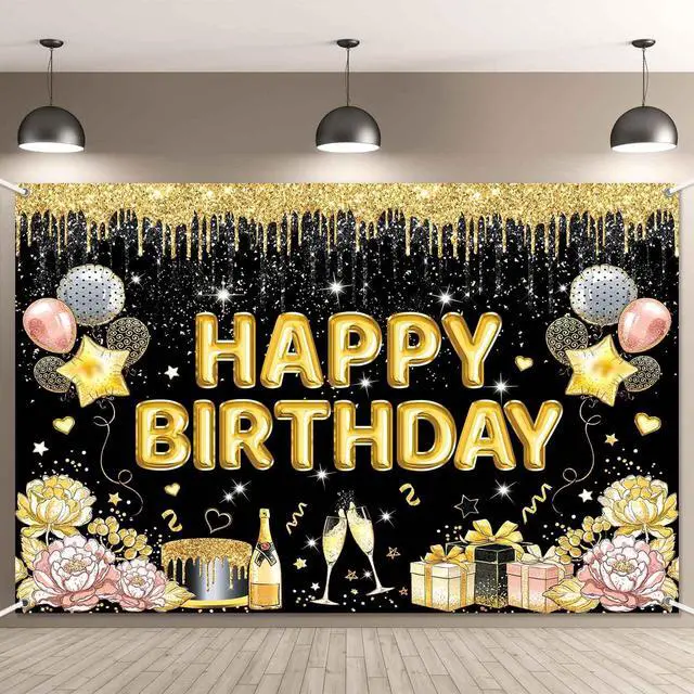 Alt view image 6 of 7 - Black Gold Happy Birthday Banner Backdrop Black Golden Birthday Party Decorations Supplies for Women Large Balloons Sign Photography Background Wall Decor Photo Props 7x5ft