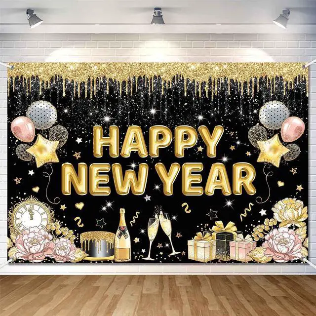Main image of Happy New Year Banner Backdrop for New Years Decorations 2026 Large Black and Gold New Years Eve Banner Happy New Year Party Supplies Photo Background Wall Decor 7x5ft