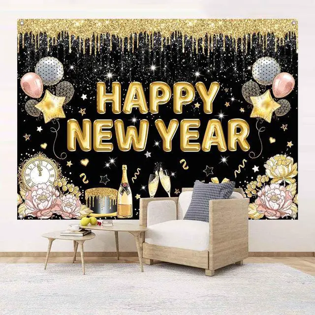 Alt view image 2 of 7 - Happy New Year Banner Backdrop for New Years Decorations 2026 Large Black and Gold New Years Eve Banner Happy New Year Party Supplies Photo Background Wall Decor 7x5ft