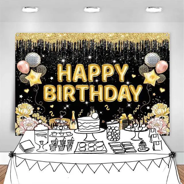 Alt view image 5 of 7 - Black Gold Happy Birthday Banner Backdrop Black Golden Birthday Party Decorations Supplies for Women Large Balloons Sign Photography Background Wall Decor Photo Props 7x5ft