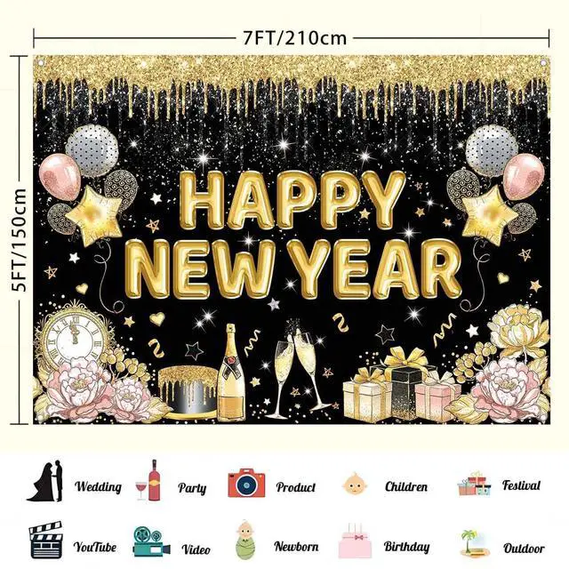 Alt view image 3 of 7 - Happy New Year Banner Backdrop for New Years Decorations 2026 Large Black and Gold New Years Eve Banner Happy New Year Party Supplies Photo Background Wall Decor 7x5ft
