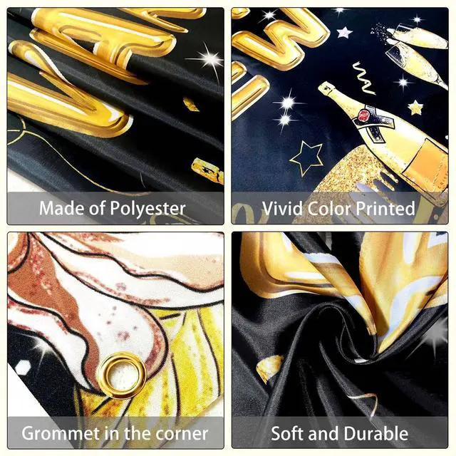 Alt view image 4 of 7 - Happy New Year Banner Backdrop for New Years Decorations 2026 Large Black and Gold New Years Eve Banner Happy New Year Party Supplies Photo Background Wall Decor 7x5ft